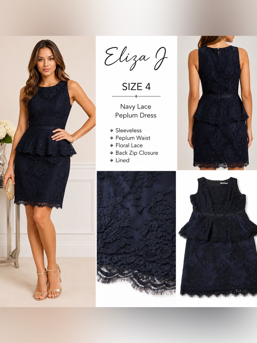 Eliza J Peplum Dress Size 4 Navy Lace Sleeveless Cocktail Wedding Guest Midi